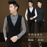 发型师衬衣潮韩版男士长袖衬衫个性假两件小马甲修身寸衫条纹长袖