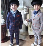 男童2015新款小西装韩版袖子贴皮儿童春秋装英伦风格子童装套装潮