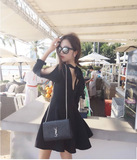 1074 2016韩版女装新款 一条充满心机的黑色连衣裙 显瘦连衣裙