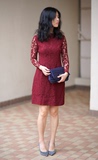 SHELLO原创现货 60年代酒红色蕾丝复古分袖A型连衣裙/小礼裙