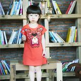 韩国童装女童夏装纯棉短袖长款T恤裙韩版儿童老虎头连衣裙亲子装