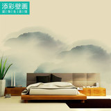 绿色抽象水墨远山新中式简约禅意沙发整幅无缝大型壁画墙纸墙布画