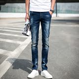 夏季新款破洞牛仔裤男小脚 修身型男装青少年韩版刮烂个性长裤子