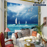 个性大海蓝天帆船3D风景画墙纸壁画现代简约风格客厅餐厅背景壁纸