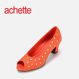 achette雅氏4F53 春夏款纯色镂空浅口粗跟女鞋鱼嘴高跟单鞋