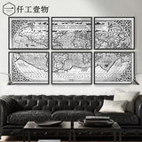 现代黑白英文世界地图手绘背景墙多拼客厅办公室家居装饰组合挂画