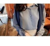 韩国原单特价16年春款瓷蓝色珍珠气质修身原创女衬衫雪纺衫OL