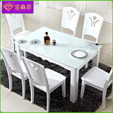现代简约白色烤漆钢化玻璃餐桌实木田园饭桌大理石餐桌椅组合