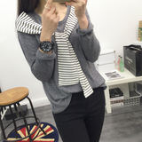 2016秋装新款韩国长袖T恤女纯棉宽松假两件拼接条纹休闲上衣小衫