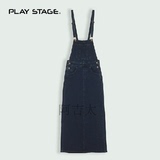 PlayStage玩加 欧美街头修身显瘦牛仔背带裙中腰深蓝牛仔吊带长裙