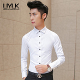 男装春季纯色青年薄款白衬衣韩版衣服寸衫白色男士修身型长袖衬衫