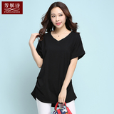 韩版女装夏秋季v领针织黑色纯棉t恤女短袖纯色中长款大码女装上衣