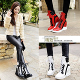 秋冬季韩版新款厚底内增高短靴子高跟松糕女鞋坡跟马丁靴系带女靴