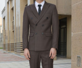 2015秋冬季 欧美男士修身型咖啡色西服 英伦双排扣西装 有套装