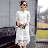 2015春秋韩版女装长袖钩花蕾丝拼接衬衣翻领超长款白色打底衬衫