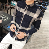 小码春季韩版修身男士长袖格子衬衫S码S号潮男长袖修身棉麻衬衣