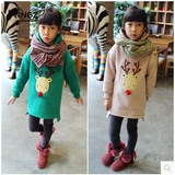 冬装2015新款女童中长款连帽加绒卫衣 卡通麋鹿儿童加厚套头衫