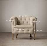 美式北欧简约现代米白色亚麻布单人沙发椅 小户型客厅休闲沙发椅
