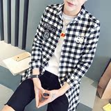 男士格子休闲长袖衬衫秋季韩版中长款印花外套男青年学生百搭衬衣