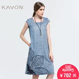 Kavon/卡汶 2016春夏品牌女装 A型牛仔绣花图案中长款短袖连衣裙
