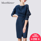 MeetMetro2016春装品牌女装OL优雅气质蝙蝠袖显瘦中袖毛呢连衣裙