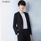 Amii极简女装 2016春新款修身拼接无扣收腰小西装外套女纯色短款