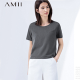 Amii极简女装 显瘦撞色竖条纹前短后长短袖T恤女夏圆领直筒体恤衫