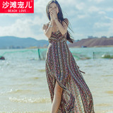 夏度假沙滩裙波西米亚交叉露背连衣裙原创设计吊带性感民族风长裙