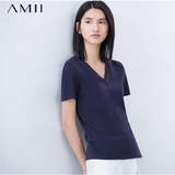 Amii极简女装2016夏装新款修身透视拼接V领短袖T恤女式纯棉体恤衫