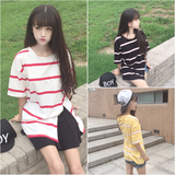 2016夏季新款女装韩版显瘦中袖宽松红白宽条纹开叉T恤女中长款潮