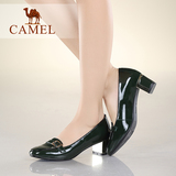 camel骆驼女鞋 舒适通勤风 新款圆头牛漆皮扣带中跟女单鞋