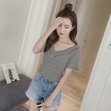 2016夏季新款韩版V字领修身显瘦打底衫条纹短袖T恤女休闲上衣女装
