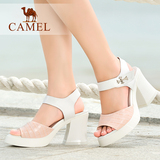 camel骆驼女鞋 简约 羊皮魔术贴粗跟凉鞋