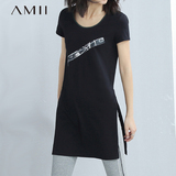 Amii极简女装宽松休闲个性印花中长款短袖T恤女高开叉纯棉体恤衫