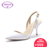 哈森/harson2016夏季通勤牛漆皮革女款细跟纯色尖头凉鞋鞋HM66416