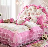 韩式儿童床品四件套纯棉女童田园碎花蕾丝边床单式粉色公主4套件