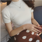 2016春夏韩版半高领修身短袖针织衫女套头纯色紧身毛衣短款打底衫