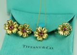 二手正品Tiffany蒂芙尼18k黄金花朵项圈红宝石项链耳钉戒指三件套