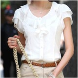 2013韩版荷叶边蕾丝衫娃娃领白色短袖胖mm雪纺衬衫女职业工装白色