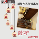 现代中式古典旋转楼梯吊灯景德镇镂空瓷大灯罩别墅高楼层陶瓷灯具