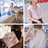2016韩国夏季街拍款简洁气质小立领V领雪纺短袖衬衫纯色T恤上衣女