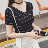 黑白条纹t恤女针织韩版短款修身短袖大V领打底衫夏季新款紧身上衣