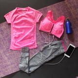 女子运动健身瑜伽服三件套装 紧身速干短袖T恤防震文胸假两件长裤