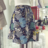 韩国夏季新款wp学生复古风印花色高腰系带显瘦沙滩半身裙A字裙