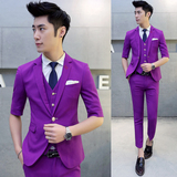 青年小西装套装男修身韩版时尚潮短袖夜店紫红色七分袖西服三件套