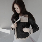 韩国东大门代购2016春装新款小香风短款修身显瘦麂皮绒羊羔毛外套