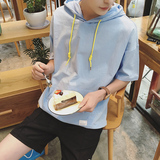 夏季韩版大码薄款短袖卫衣男连帽套头运动外套中袖T恤宽松直筒潮