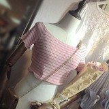 2016韩国软妹性感条纹一字领露肩短款修身显瘦女装短袖针织衫