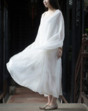 原创夏季新款中式蝙蝠袖袍子禅意改良汉服中国风纯白苎麻连衣裙女