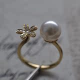 大牌正品日本akoya天然海水珍珠戒指开口可调节18k金镜面花珠